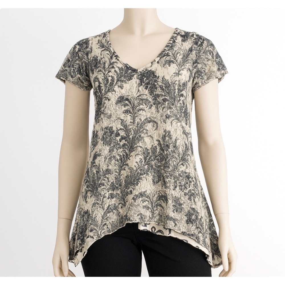 Dressbarn Shirt Women M Black Ivory Layered Floral Short Sleeve Lined Top Blouse